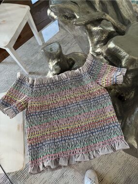 Lulu's Cream Smocked Off-Shoulder Top with Rainbow Stripes